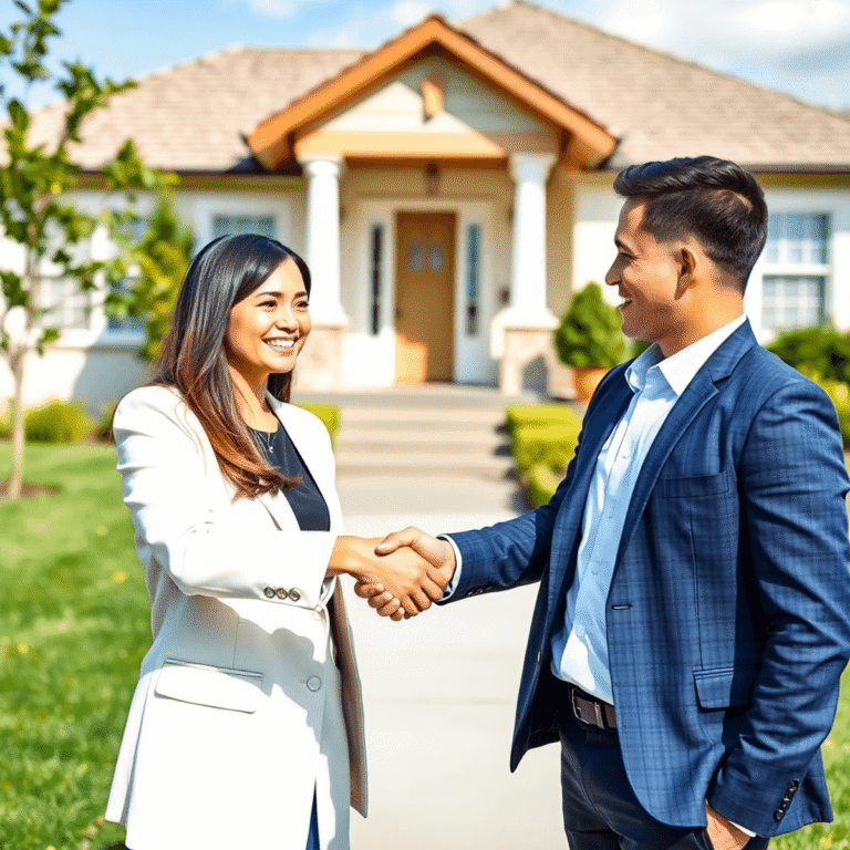 Real estate agent shaking hands with a happy seller in front of a stylish suburban home on a bright, green lawn under clear skies.