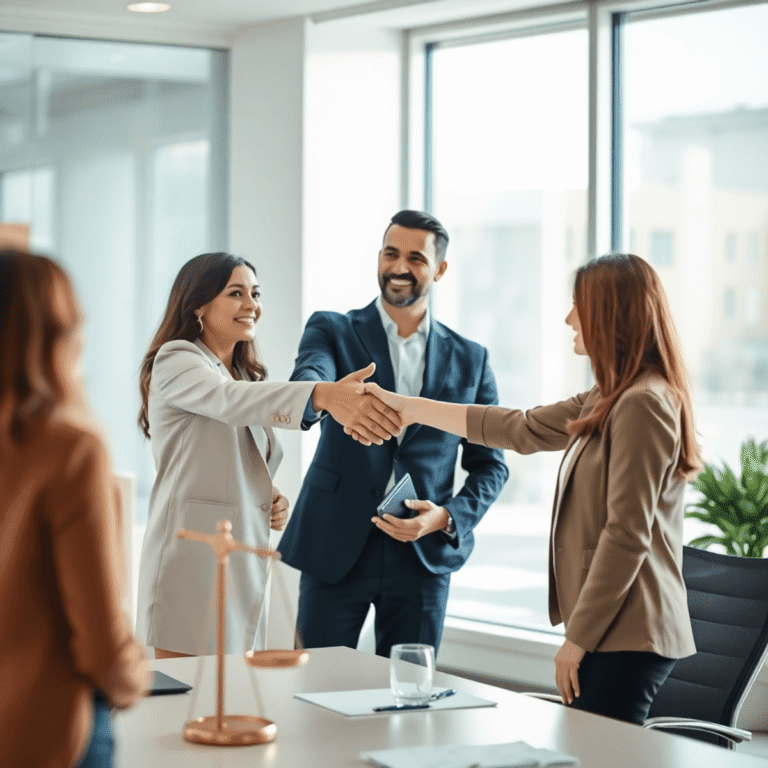 Real estate agent shaking hands with client in a bright office, with abstract scales and pathways symbolizing trust and integrity.