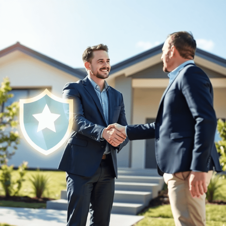 Real estate agent shaking hands with client in front of modern house, glowing shield symbolizing trust and protection nearby, under clear blue sky.