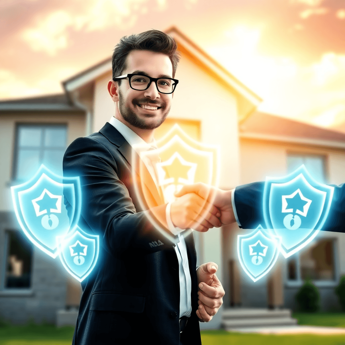 Real estate agent shaking hands with client in front of modern house, glowing shield icons symbolizing security, under a bright sky.