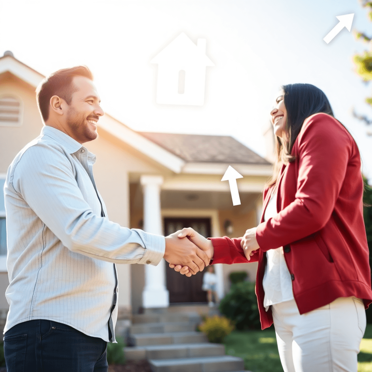 Real estate agent shaking hands with happy homeowner in front of charming suburban house, glowing house icon and upward arrows symbolize trust and ...