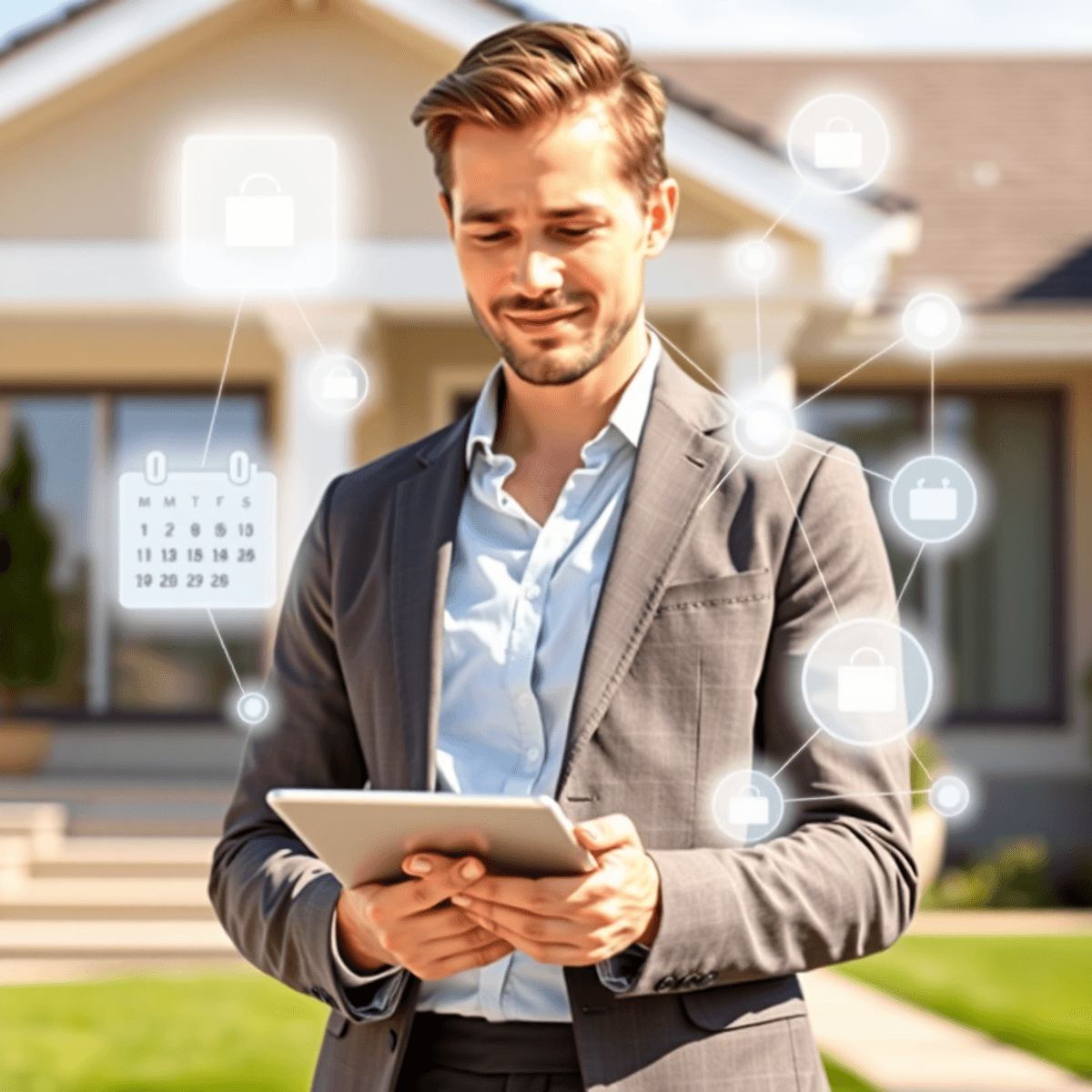 Real estate agent using a modern tablet in front of a stylish home with glowing calendar icons and digital nodes symbolizing smart scheduling.