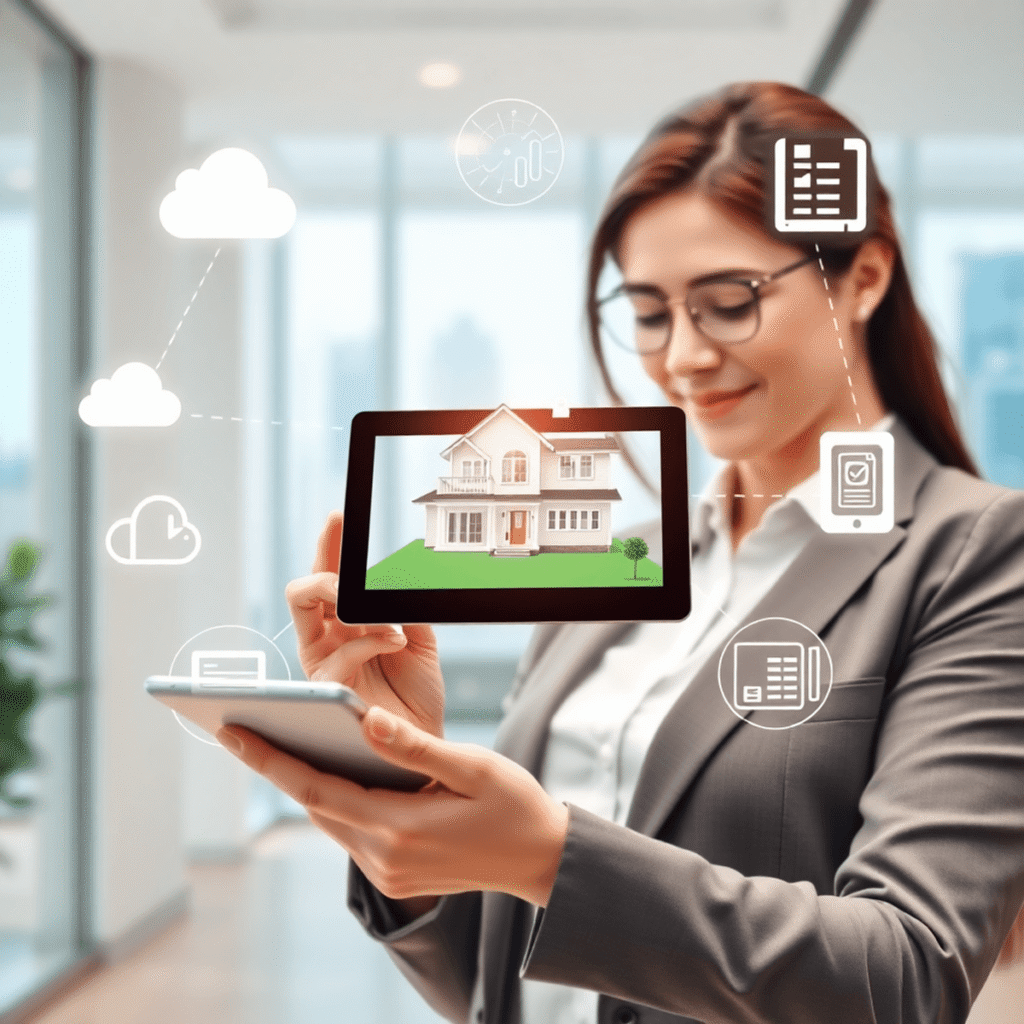 Real estate agent with digital tablet showing 3D home tour, surrounded by icons of cloud computing, data, communication, and marketing in a modern ...