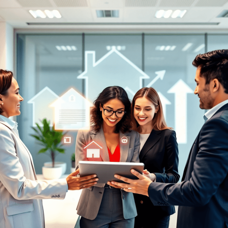 Real estate agents collaborating around a tablet showing glowing icons, with house shapes and arrows symbolizing growth in a modern office.