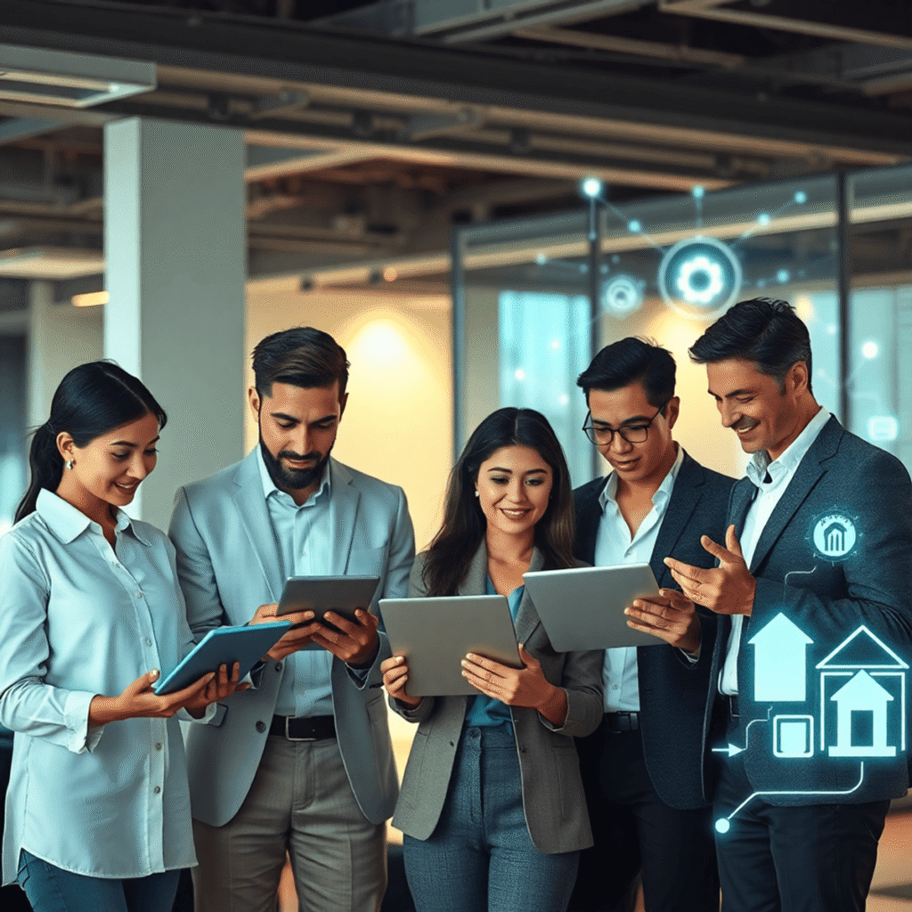 Real estate agents collaborating with tablets and laptops showing glowing AI and automation icons, with digital data overlays in a modern office se...