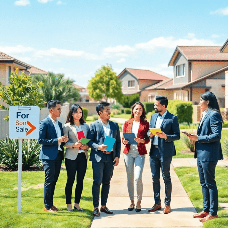 Real estate agents discussing outdoors in a bright Australian suburb with well-kept houses and colorful “For Sale” arrow signs.