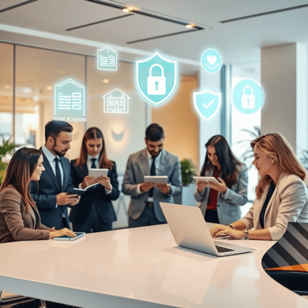 Real estate agents discussing over tablets in a modern office with glowing payment icons and compliance symbols, bathed in warm natural light.