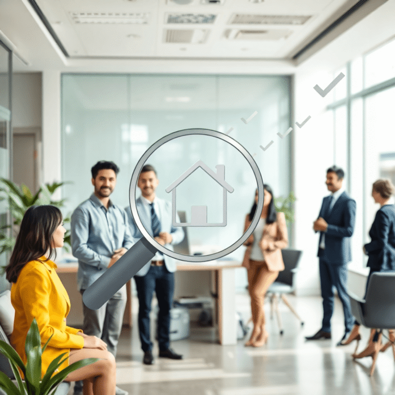 Real estate office with agents and clients, featuring a magnifying glass over a house icon and floating checkmarks symbolizing verified reviews in ...