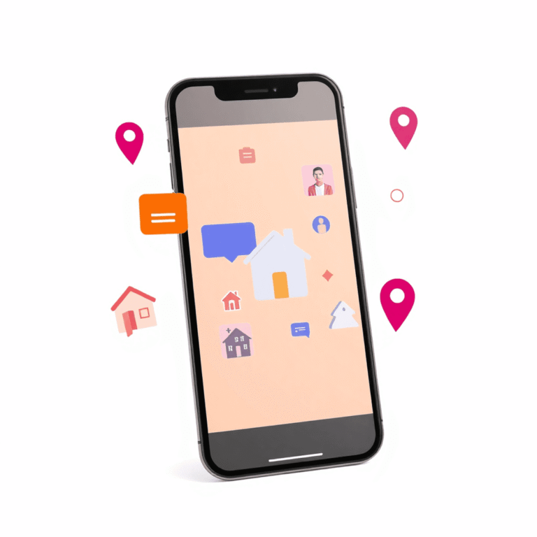 Smartphone screen with chat bubbles, video call icons, house shapes, and location pins on a bright background, representing digital communication i...