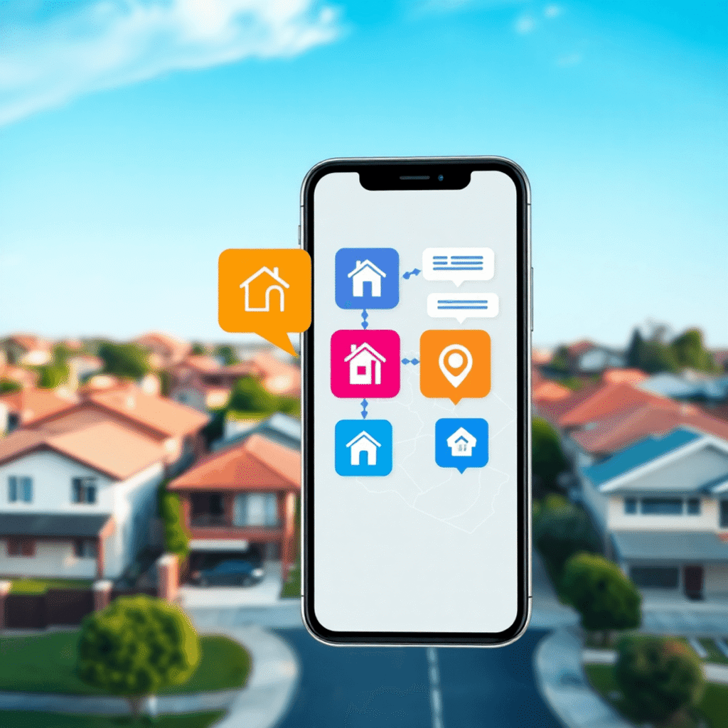 Smartphone showing a colorful real estate app with house, map, and chat icons, set against an Australian suburban neighborhood under a clear sky.