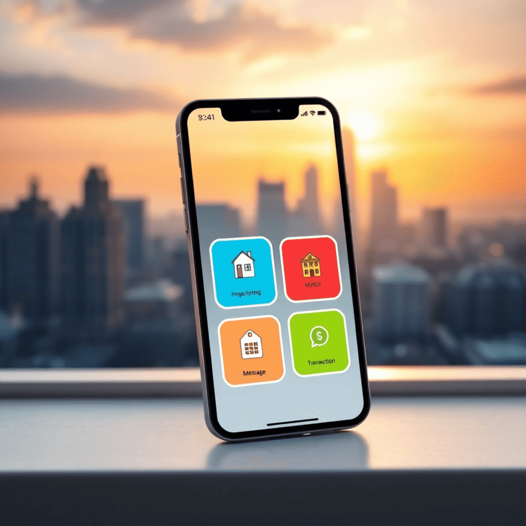 Smartphone showing colorful real estate app with icons, against a modern city skyline at sunset, highlighting mobile access and client-agent commun...