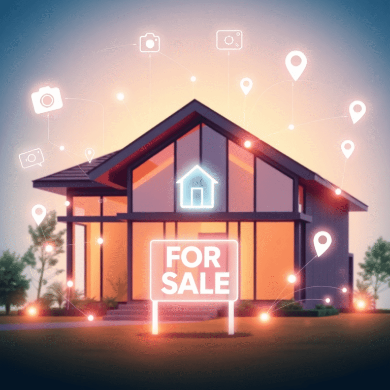 Stylish modern house with large windows and digital "For Sale" icon, surrounded by glowing social media symbols connected by lines against a bright...