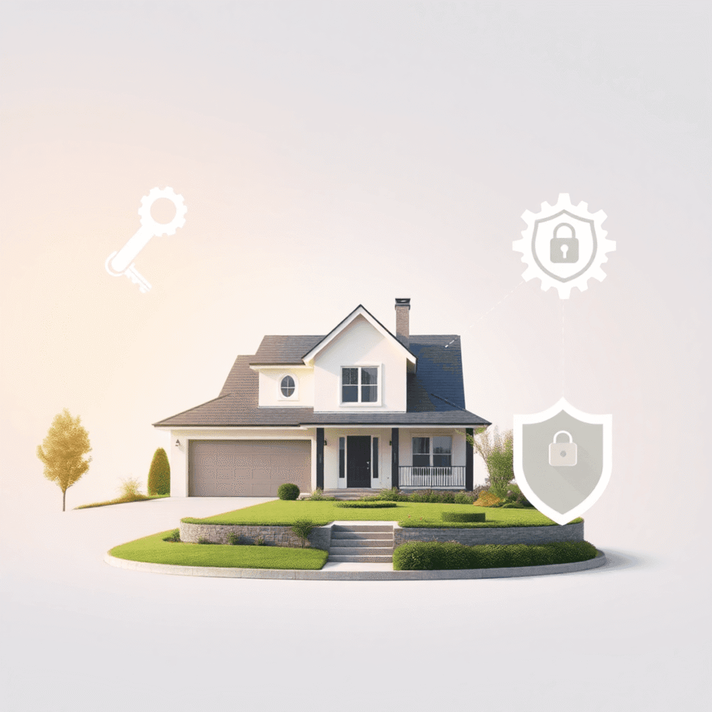 Stylish suburban house with garden, surrounded by icons of keys, gears, and shield on a soft gradient background symbolizing property management an...
