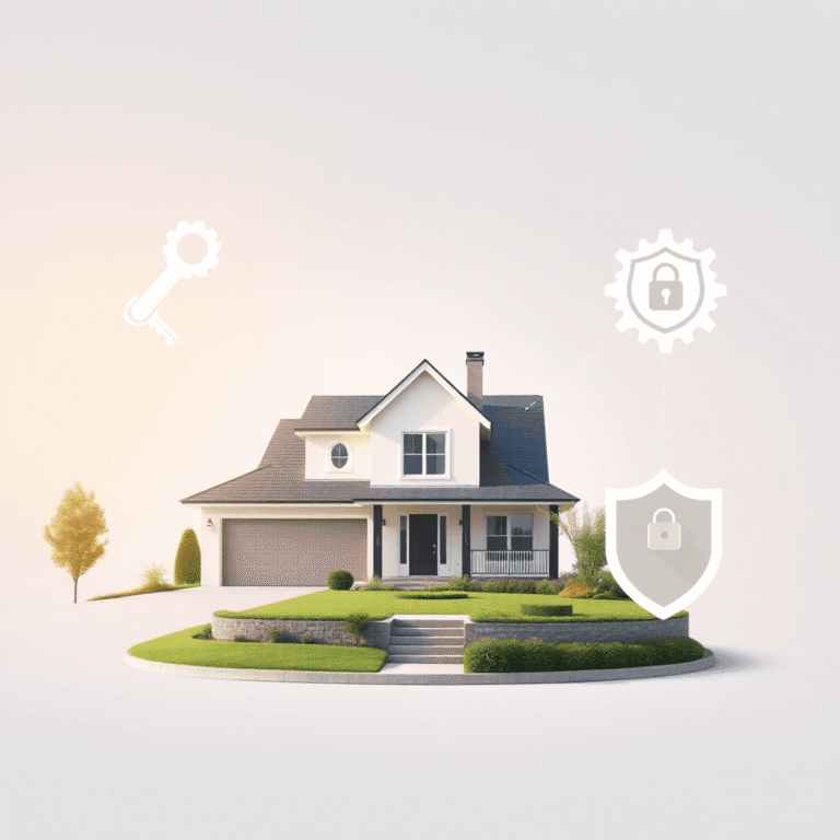 Stylish suburban house with garden, surrounded by icons of keys, gears, and shield on a soft gradient background symbolizing property management an...