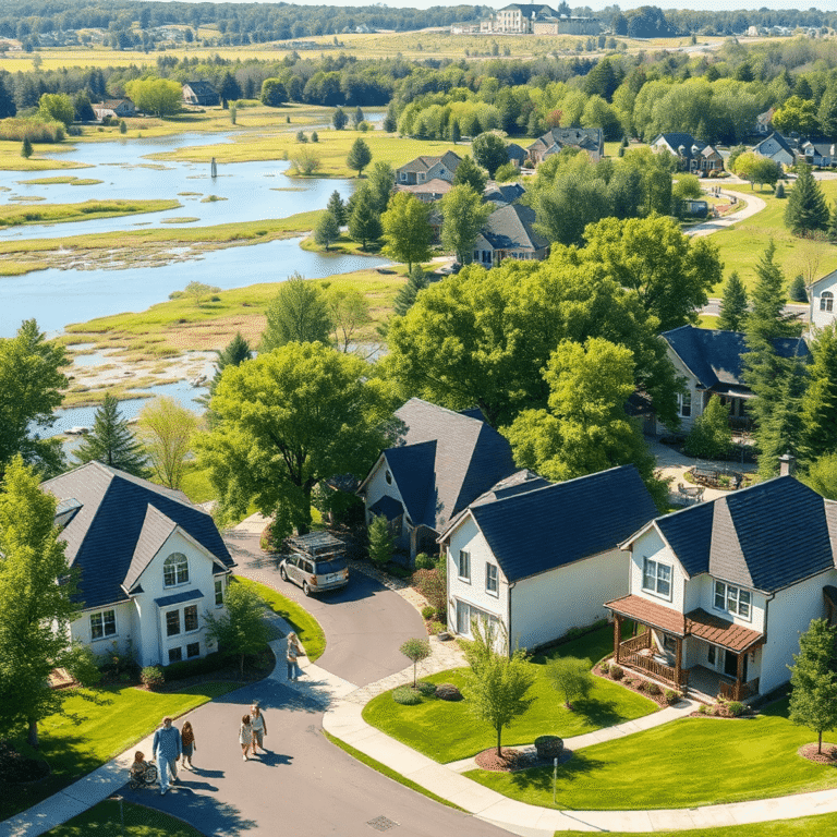 Suburban neighborhood with modern homes, green trees, families walking, children playing, and a serene lake with wetlands in the background.