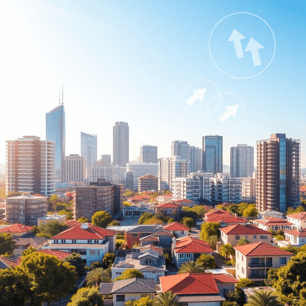 Sunlit Perth cityscape with diverse homes and abstract upward arrows in sky, symbolizing growth and rising property values in a vibrant, clean sett...