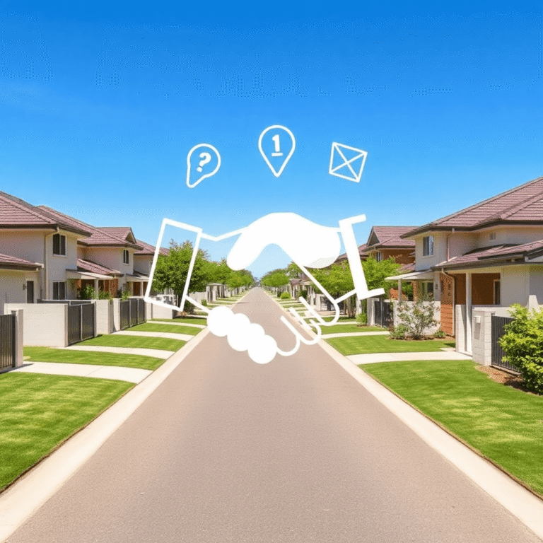 Sunlit modern suburban homes in Perth with handshake overlay and trust icons, symbolizing reliable property management services.