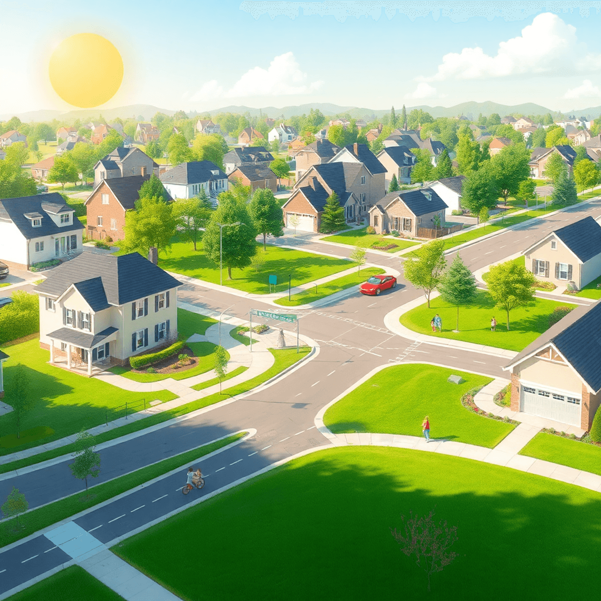 Sunny suburban neighborhood with modern houses, green lawns, tree-lined streets, children playing, new roads, and public transport stops.