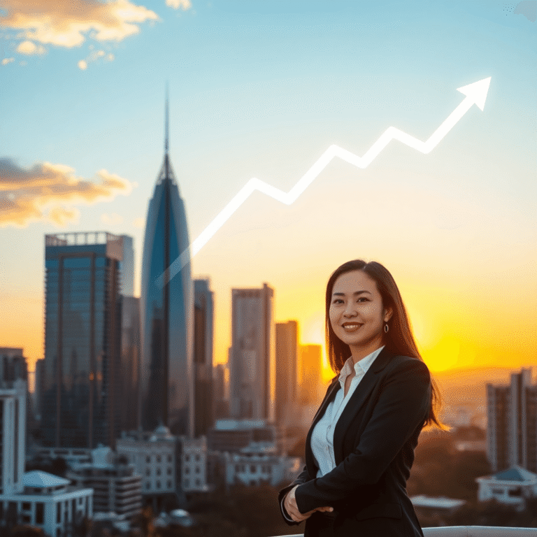 Sunrise over Perth cityscape with abstract data graphs and arrows in the sky, a confident professional woman overlooking the city, symbolizing real...