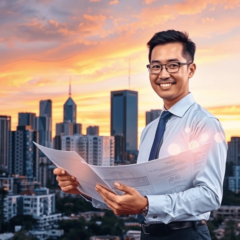 Sunset cityscape of Perth with modern rental buildings and glowing tech icons; a confident real estate professional reviews property plans in the f...