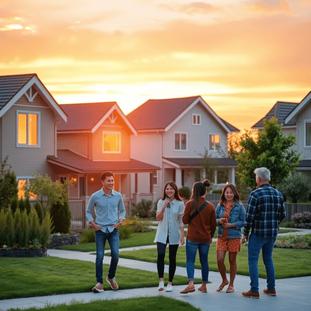 Sunset view of a modern suburban neighborhood with stylish houses, smart home devices, and happy people engaging outdoors, symbolizing community an...