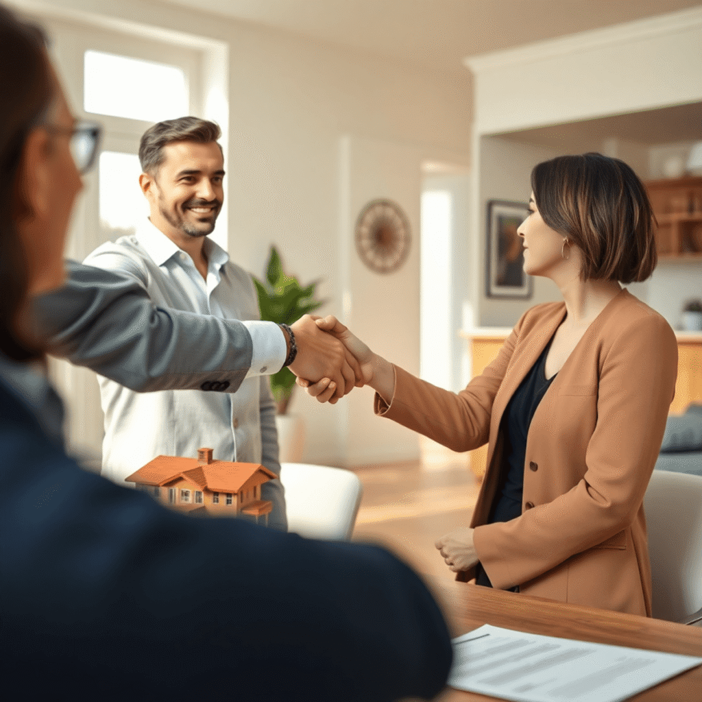 Two people shaking hands in a bright modern home with a house model and contract papers on a table, symbolizing a successful real estate deal.