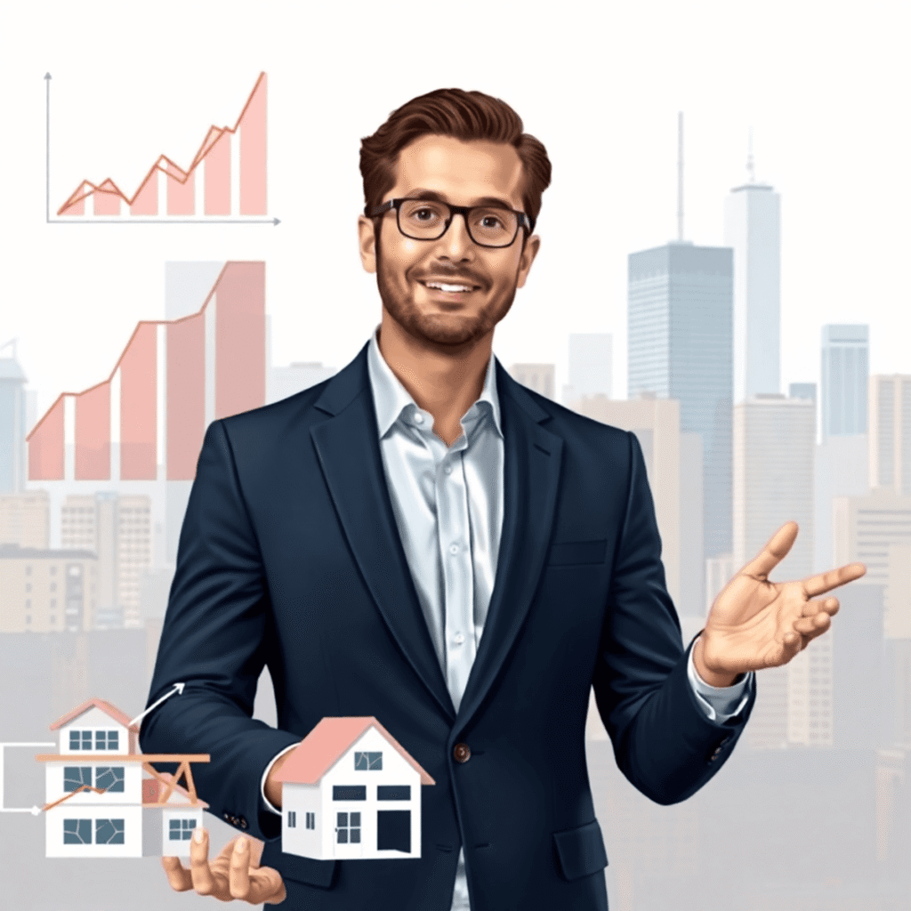 A confident real estate agent discussing investment opportunities with clients, surrounded by graphs, a house model, and a city skyline.