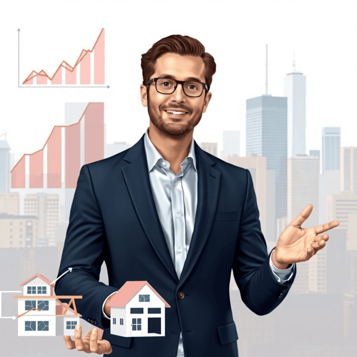 A confident real estate agent discussing investment opportunities with clients, surrounded by graphs, a house model, and a city skyline.