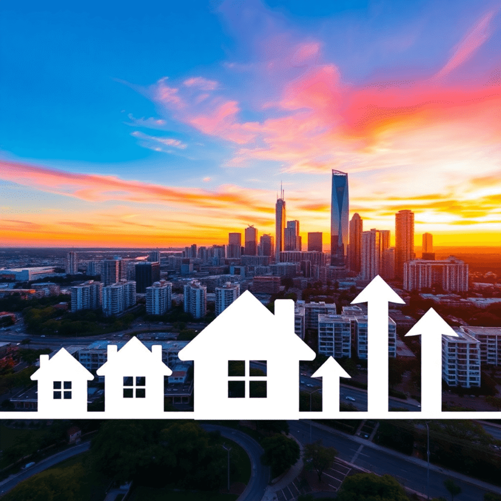 Aerial view of Perth skyline at sunset with modern buildings and abstract home ownership icons, arrows symbolizing growth, in warm, inviting colors.