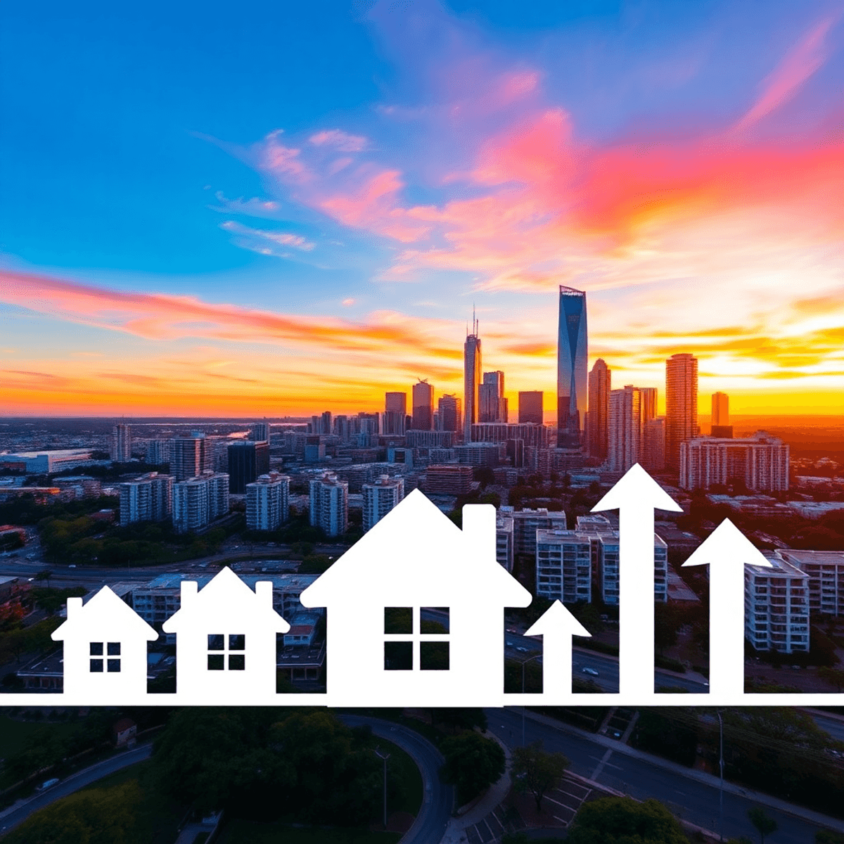 Aerial view of Perth skyline at sunset with modern buildings and abstract home ownership icons, arrows symbolizing growth, in warm, inviting colors.