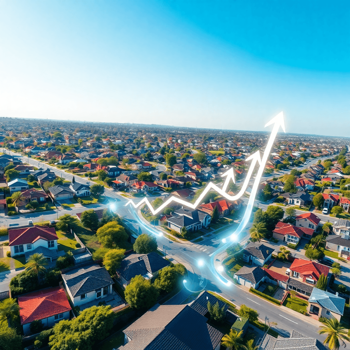 Aerial view of a modern suburban neighborhood with diverse houses, greenery, glowing pathways, and upward arrows symbolizing growth and smart techn...